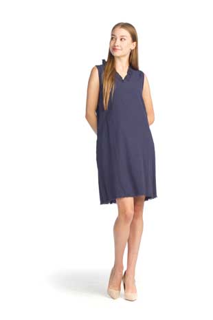 PD-14579 - SLEEVELESS COTTON DRESS WITH RAW EDGE & POCKETS - Colors: LIGHT BLUE,LINEN,NAVY - Available Sizes:XS-XXL - Catalog Page:11 